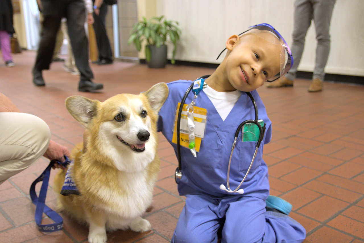 A smiling Welsh Corgi Dogs on Call Therapy Dog is smiling as a child dressed in full doctor garb also smiles alongside her