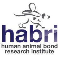 A logo for the Human Animal Bond Research Institute; a line drawing of a human pets a line drawing of a dog, with the human and dog aligned so that a single line drawing of a heart is shared between human and dog.