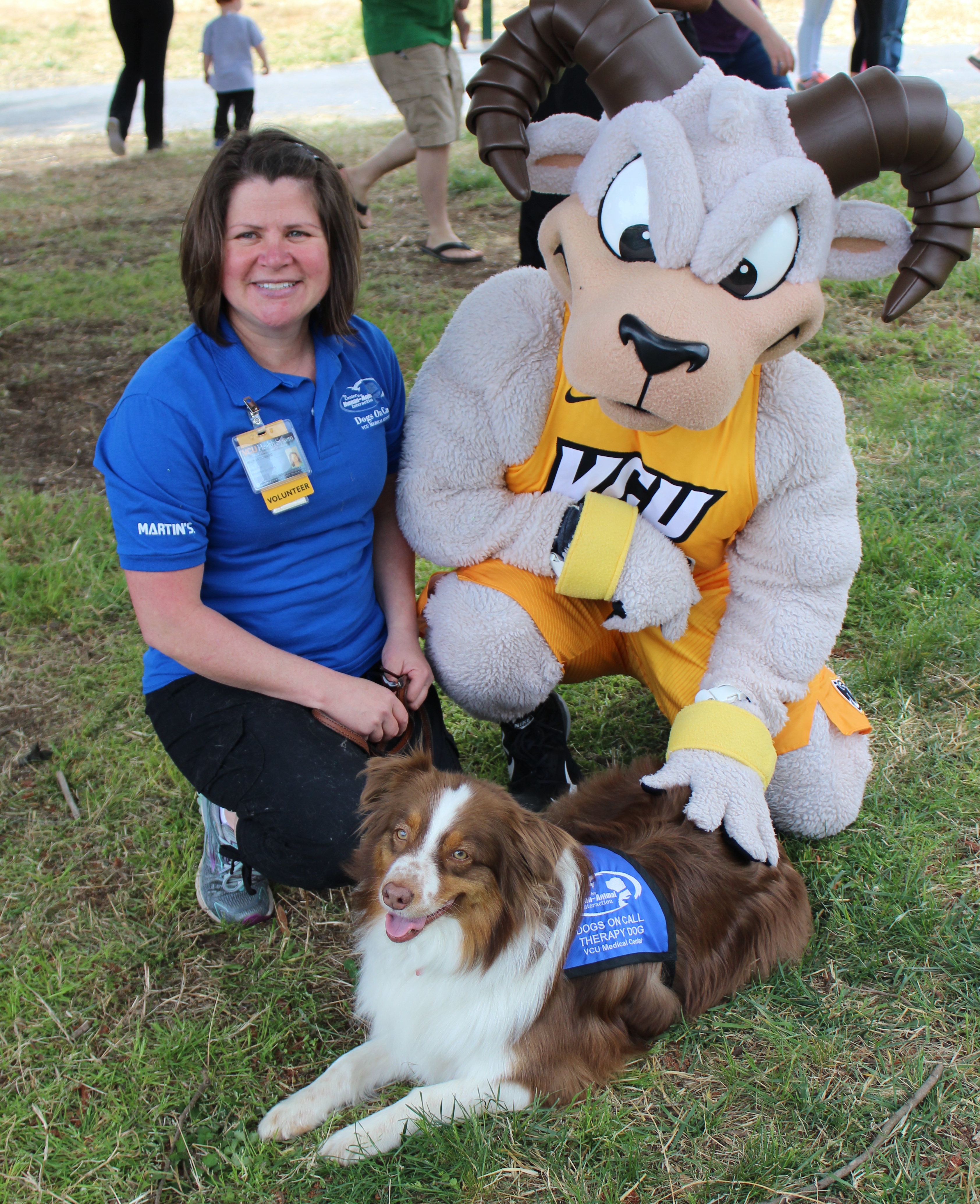Dogs On Call therapy dog Chewie, an australian shepherd, poses with the V C U mascot, Rodney the Ram.