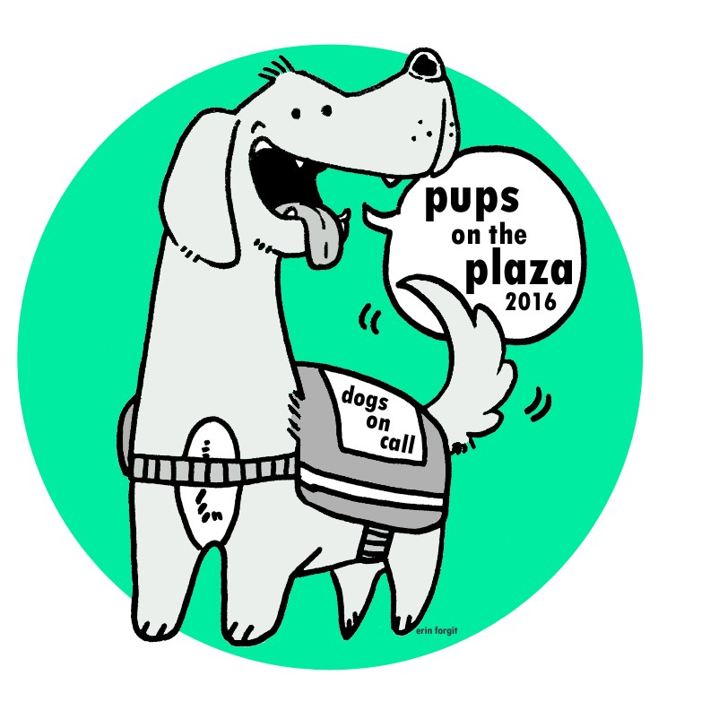 Pups on the Plaza 2016's shirt is a drawing of a happy dog with its tongue out wearing a therapy dog vest with the words 