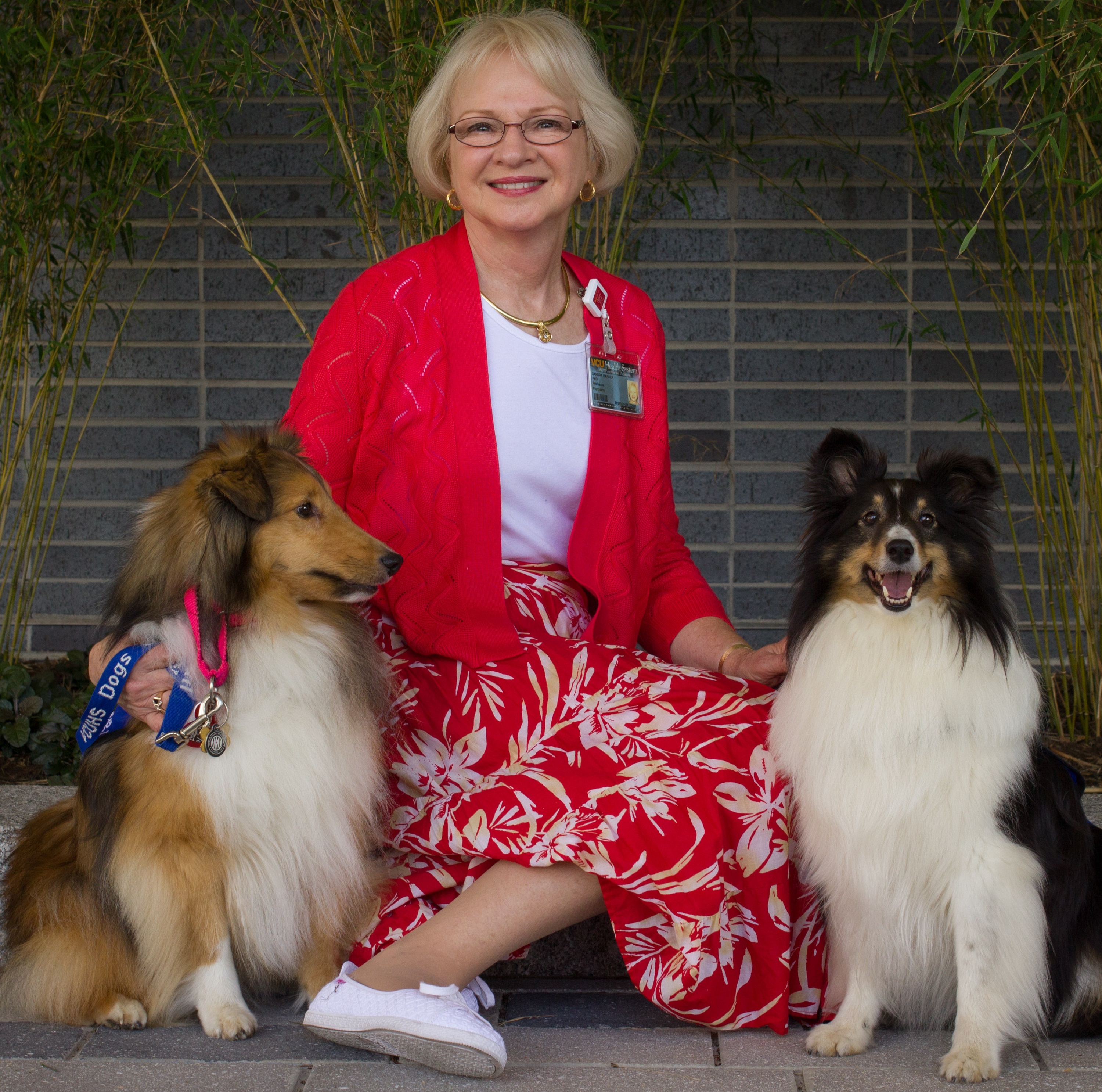 Dr. Sandy Barker is sitting with two shelties.