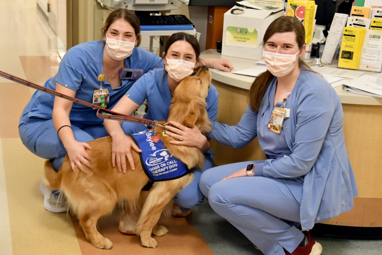 Three medical professionals kneel down to a pet a Golden Retriever.  The Golden Retriever is lifting her head so as to hug one of the nurses.