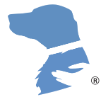 A logo consisting of the silhouette of a dog's side profile.  The silhouette shows the dog wearing a collar, and a hand petting the dog.