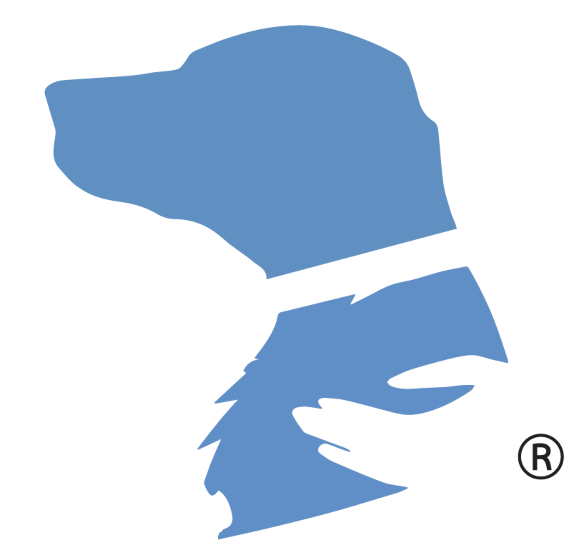 A logo consisting of the silhouette of a dog's side profile.  The silhouette shows the dog wearing a collar, and a hand petting the dog.