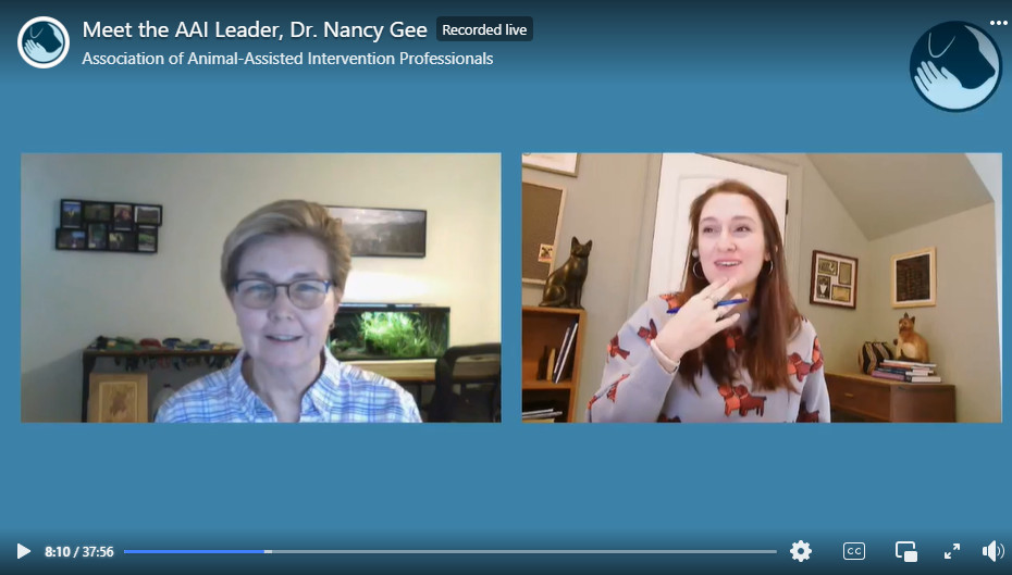 A screen capture of a Zoom meeting. On the left side is Dr. Nancy Gee, and on the right side is the host.  Logo and text brand the image as being 