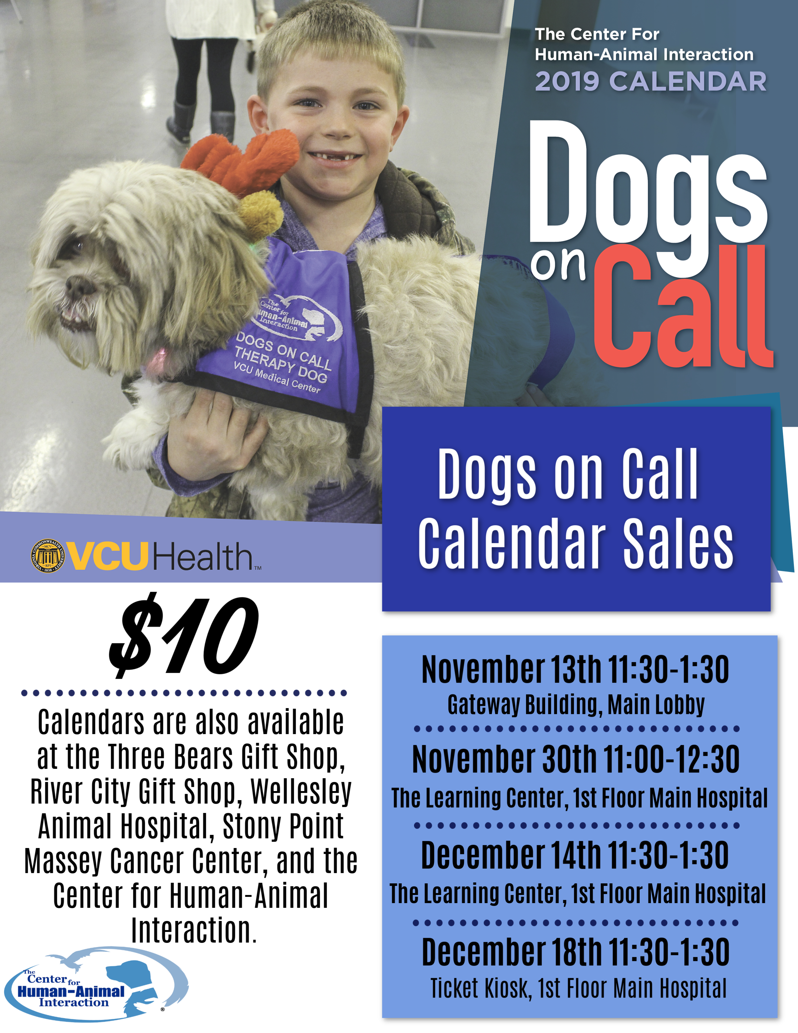 Flyer that includes a photo of the 2019 Dogs On Call Calendar which features Dogs On Call therapy dog Lucas, a lhasa apso and shih tzu mix with a gray coat, being held by a young smiling friend. Text below in post.