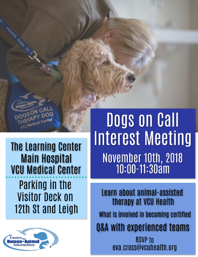 Dogs On Call therapy dog Elsa, a goldendoodle mix of a golden retriever and a poodle, receives a hug from a woman leaning over her. The text on the flyer is below the image in the post. 
