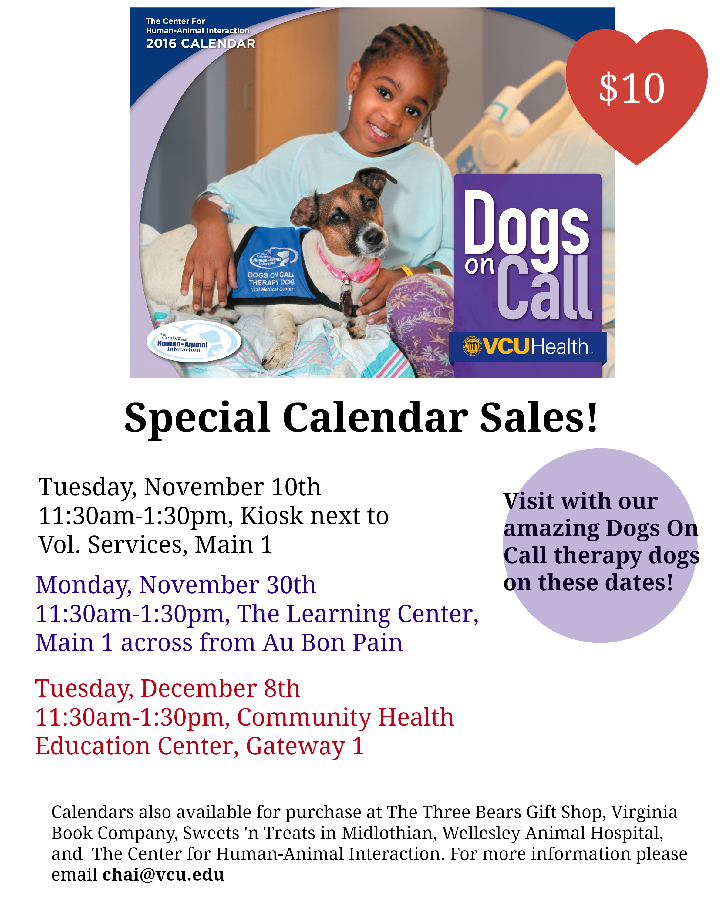 The 2016 Dogs On Call Calendar features a young patient sitting on a hospital bed with Dogs On Call therapy dog Emma, a jack russell terrier, laying beside her. Emma is wearing a blue Dogs On Call vest. There is a text version of the image text - the calendar sales dates - below the image itself.
