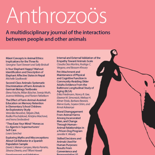 The cover for the journal of Anthrozoös.  An abstract depiction of what appears to be a human being nuzzled by an antelope.