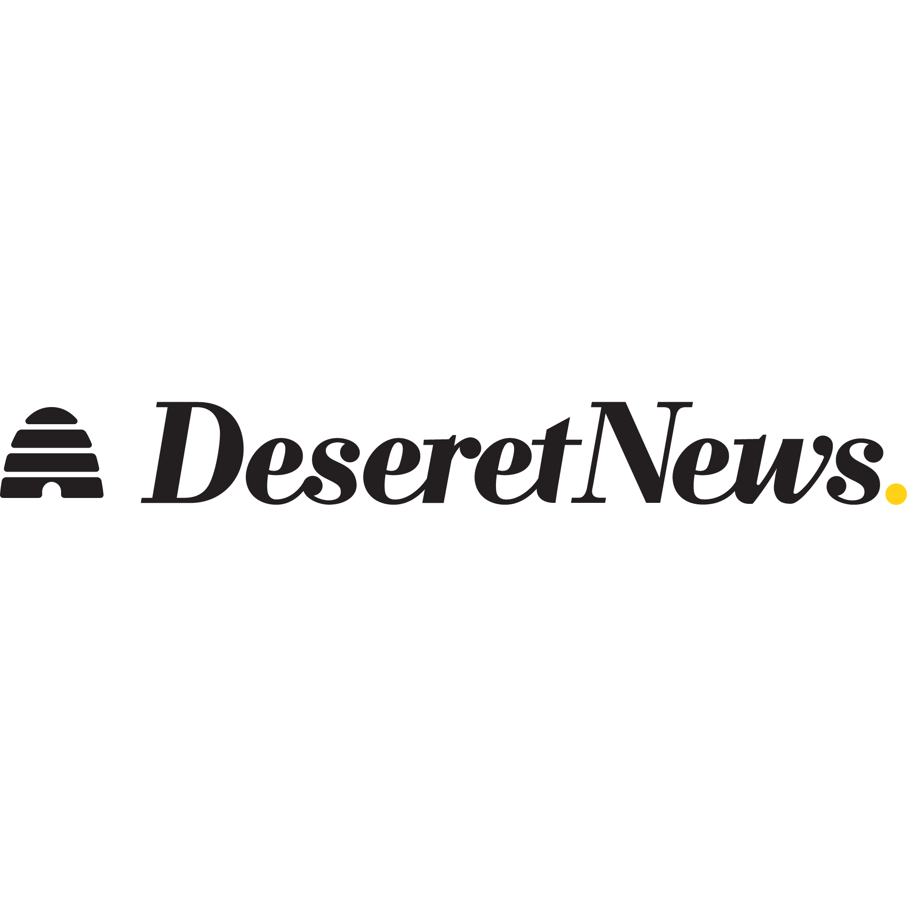 The Logo for Deseret News; an abstract representation of a bee hive is to the left, with a yellow dot after the text 