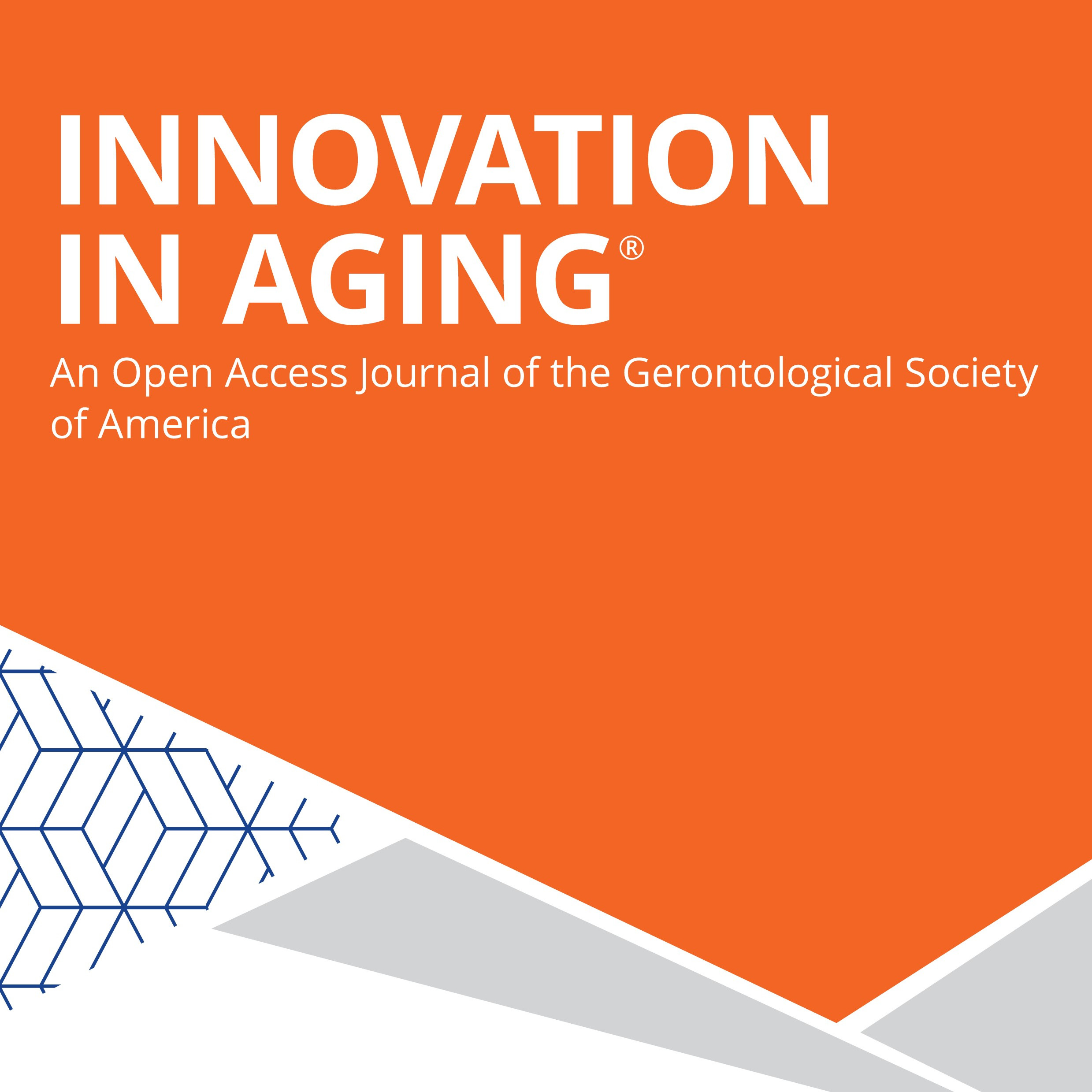 The cover of the journal, Innovation in Aging.  The cover has several geometric shapes dividing it into triangles and other shapes.  The top reads 