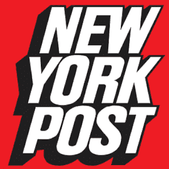 The logo for the New York Post.  In stacked white letters against a red background and with large black shadows, text reads 