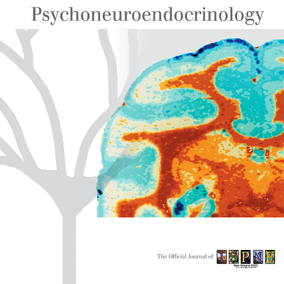 The journal cover for the Journal Psychoneuroendocrinology.  Scans of a brain are shown in color with 